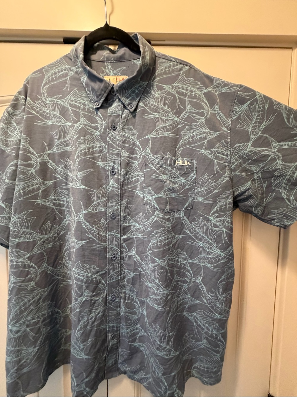Huk Slate Blue Short Sleeve Button-Down Shirt with Light Teal Print
